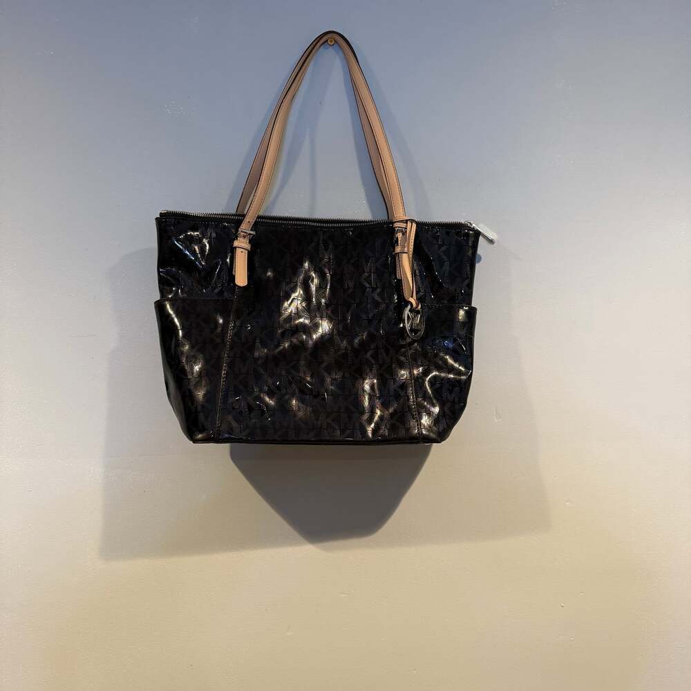 Michael Kors Large Jet Set Tote Bag Black Patent MK Logo PVC Leather Trim
